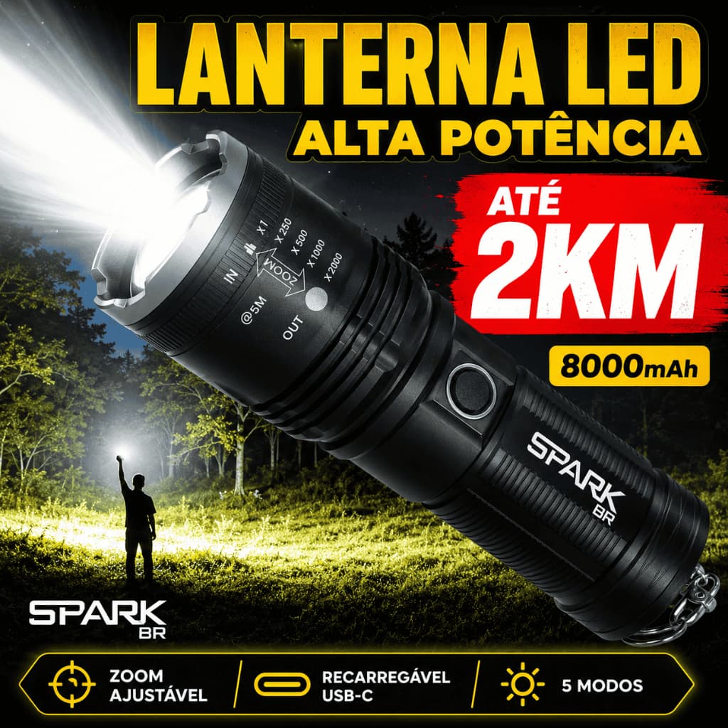 Lanterna Tática Luz Forte Led Militar 2000 Lumens Bateria Interna 6H Powerbank Recarregável 8000 MaH
