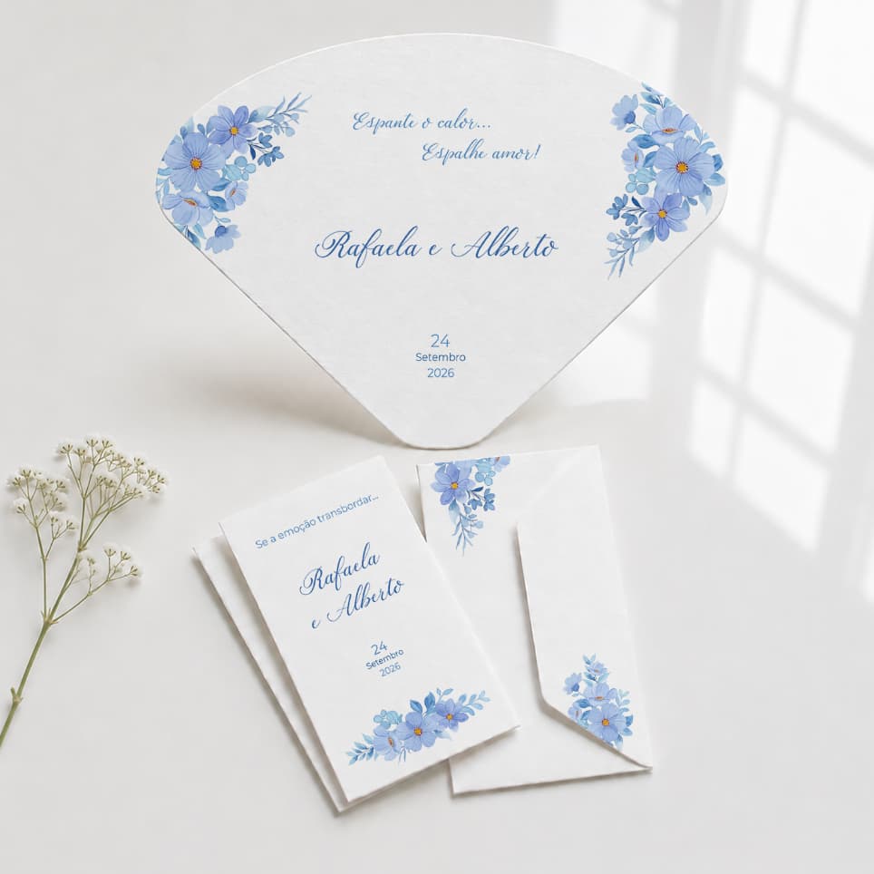 Kit Lágrimas de Alegria e Ventarolas Leques Personalizado Casamento Azul Serenity Royal Marinho 2026