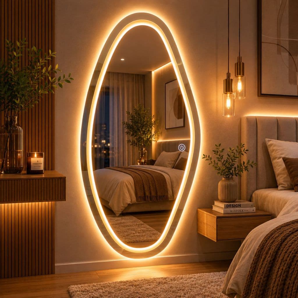 Espelho Led Orgânico Jateado Touch 3 Modos de Luz Branco Quente Frio Sala Quarto Closet Banheiro