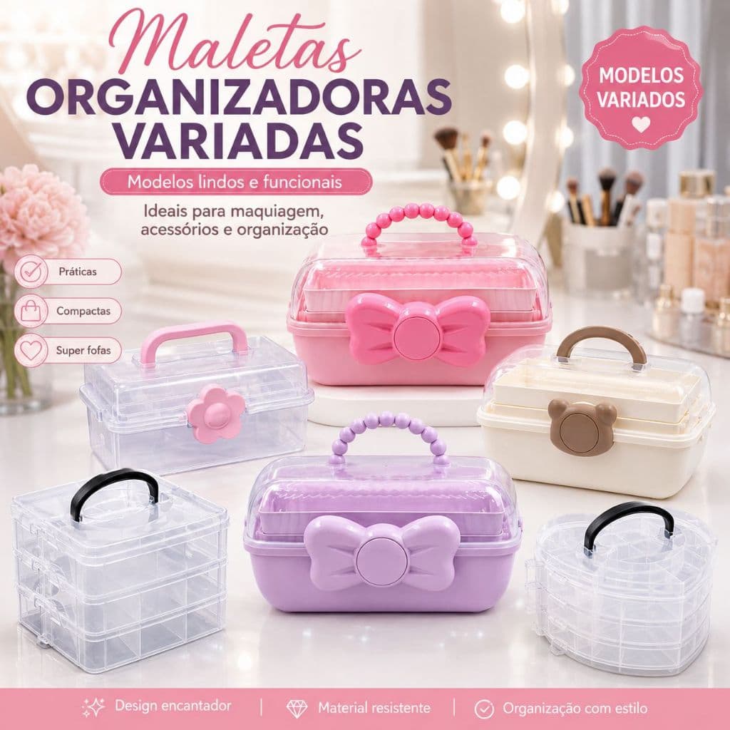 Maleta Organizadora Caixa Com Alça E Divisorias Transparente com Flor Rosa, Urso E Laço Rosa E Lilas