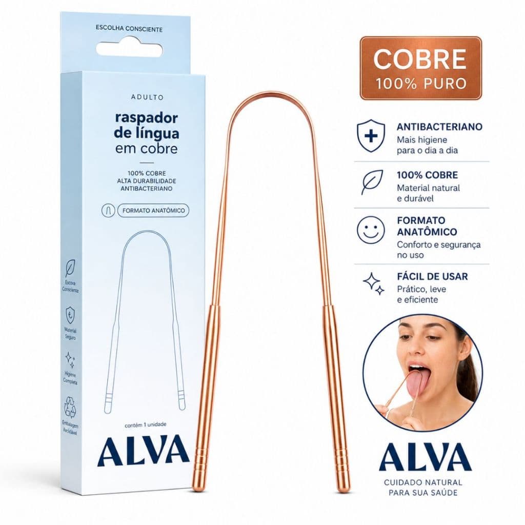 Raspador de Língua em Cobre 100% Puro Alva Limpador Lingual Antibacteriano Higiene Bucal