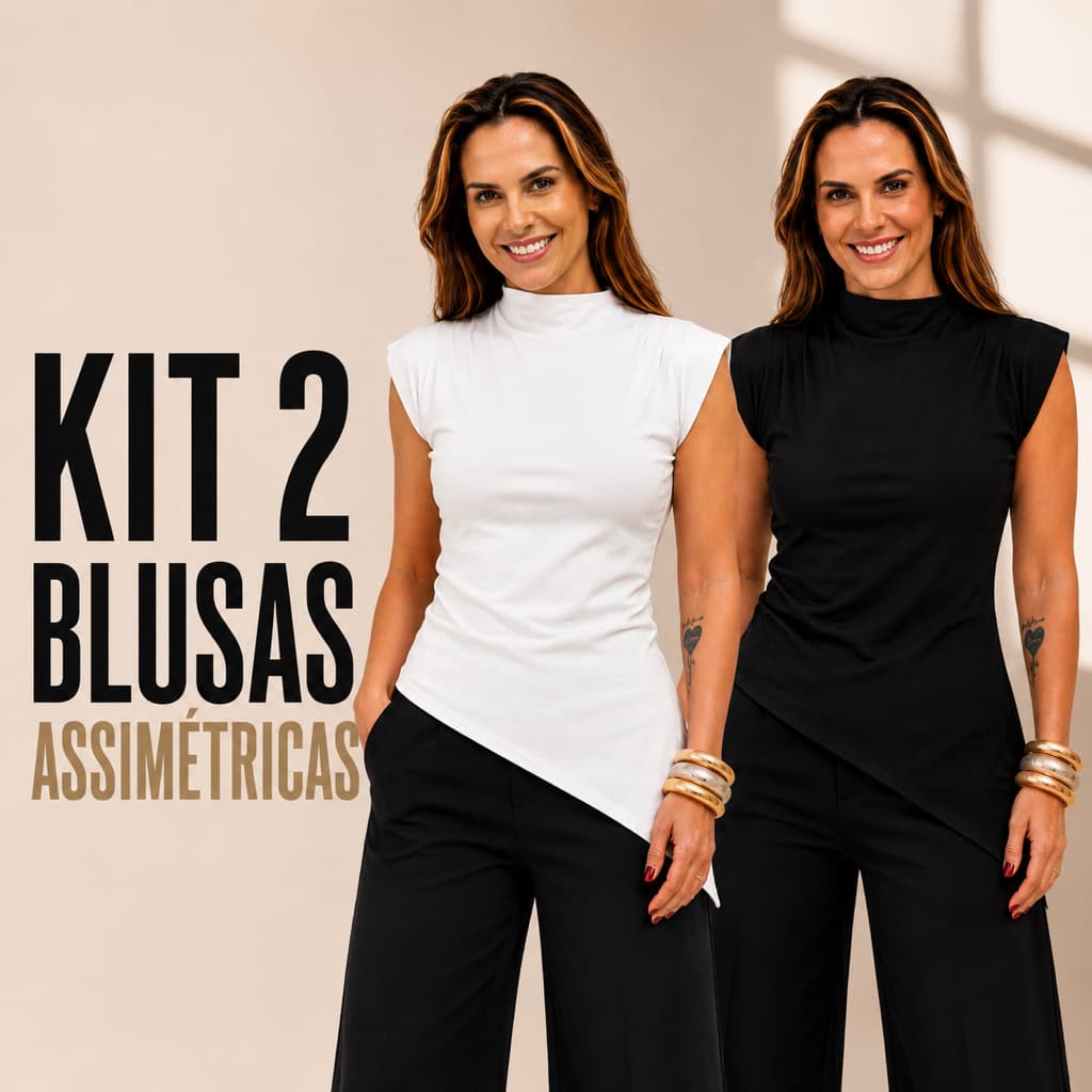 Kit 2 Blusas,Blusinha Feminina Assimétrica Ribana Canelada, Básica, Moda Luxo, Chic e Confortável