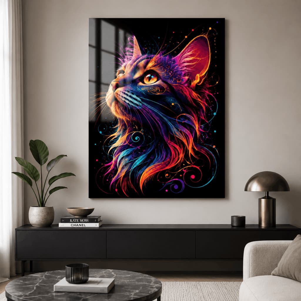 Quadro Decorativo Gato Colorido Neon Acrílico Brilhante Sala Moderna Premium