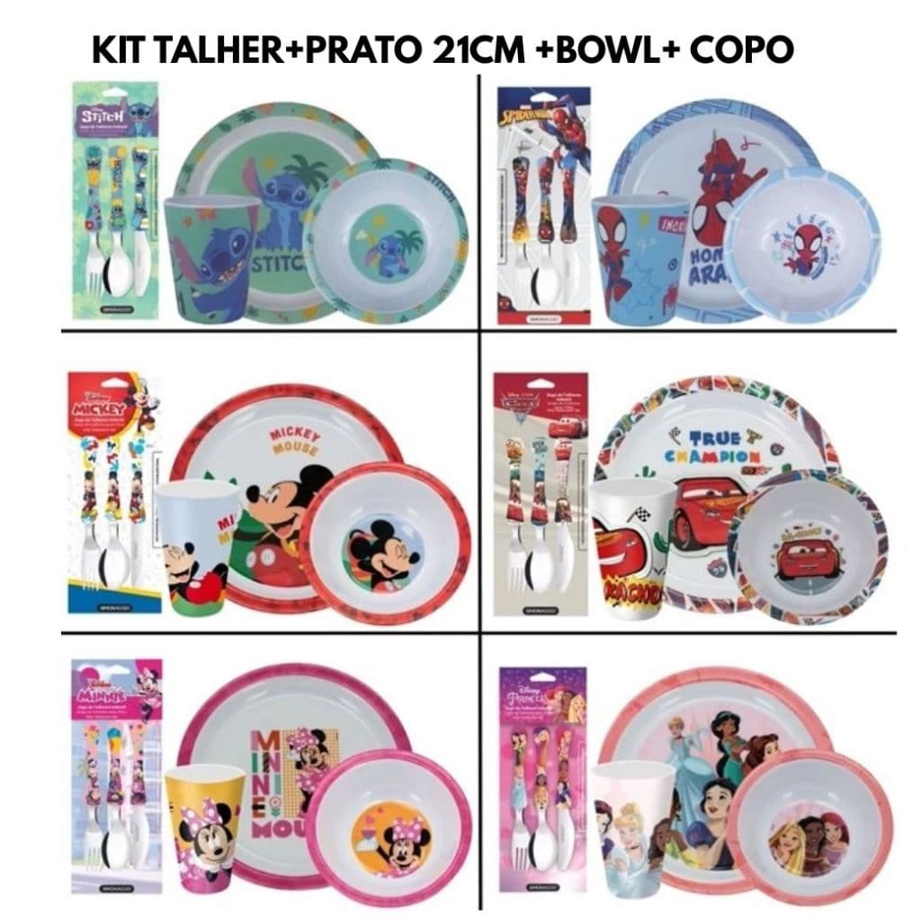 Kit Prato + Talher +  Bowl + Copo Infantil Personagens  Disney BPA Free Disney Homem Aranha Princesas Carros