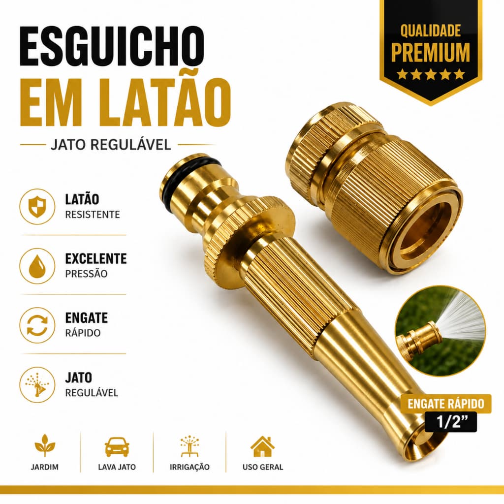 Esguicho Engate Rápido Latão Jato Regulável Mangueira 1/2" Jardim Lava Jato Mangueira Torneira