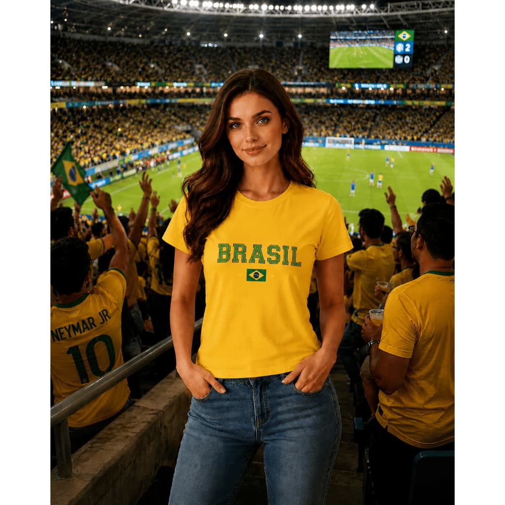 Camiseta Brasil Feminina Branca Estampa Patriota Verde Amarelo Azul Torcida M G GG