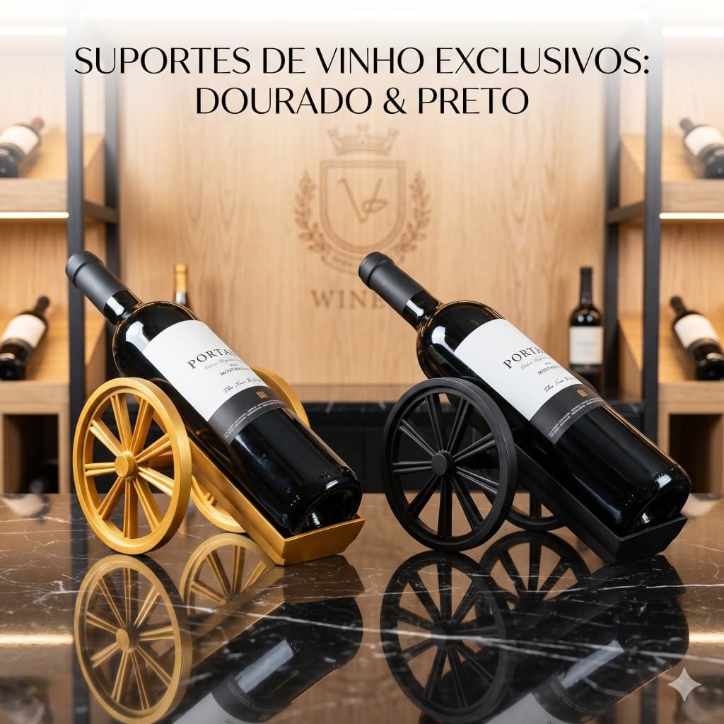 Suporte para garrafa de vinho canhão dourado com acabamento acetinado e design clássico