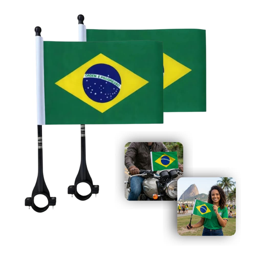 Kit 2 Bandeirinha Brasil Copa Moto Bike Guidão Torcedor Patriota Poliéster Resistente Bandeira Hexa