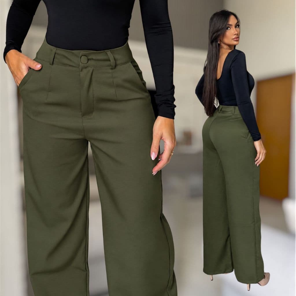 Calça Pantalona Feminina Alfaiataria Elegante Cintura Alta Wide Leg Casual Social Blogueira