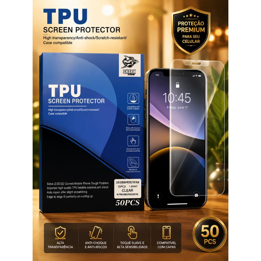 Pack C/ 50 Un Película P/ Recorte 8 - Clear Hd Tpu 2a Shark - 2,5D/3D