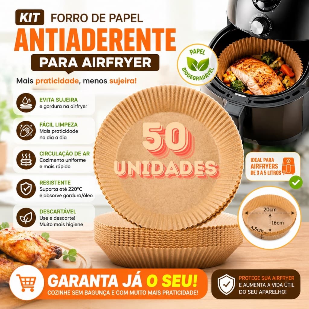 🍟 Kit Forro de Papel Antiaderente para Airfryer com 50 Unidades – Mais Praticidade e Menos Bagunça! ✨🔥