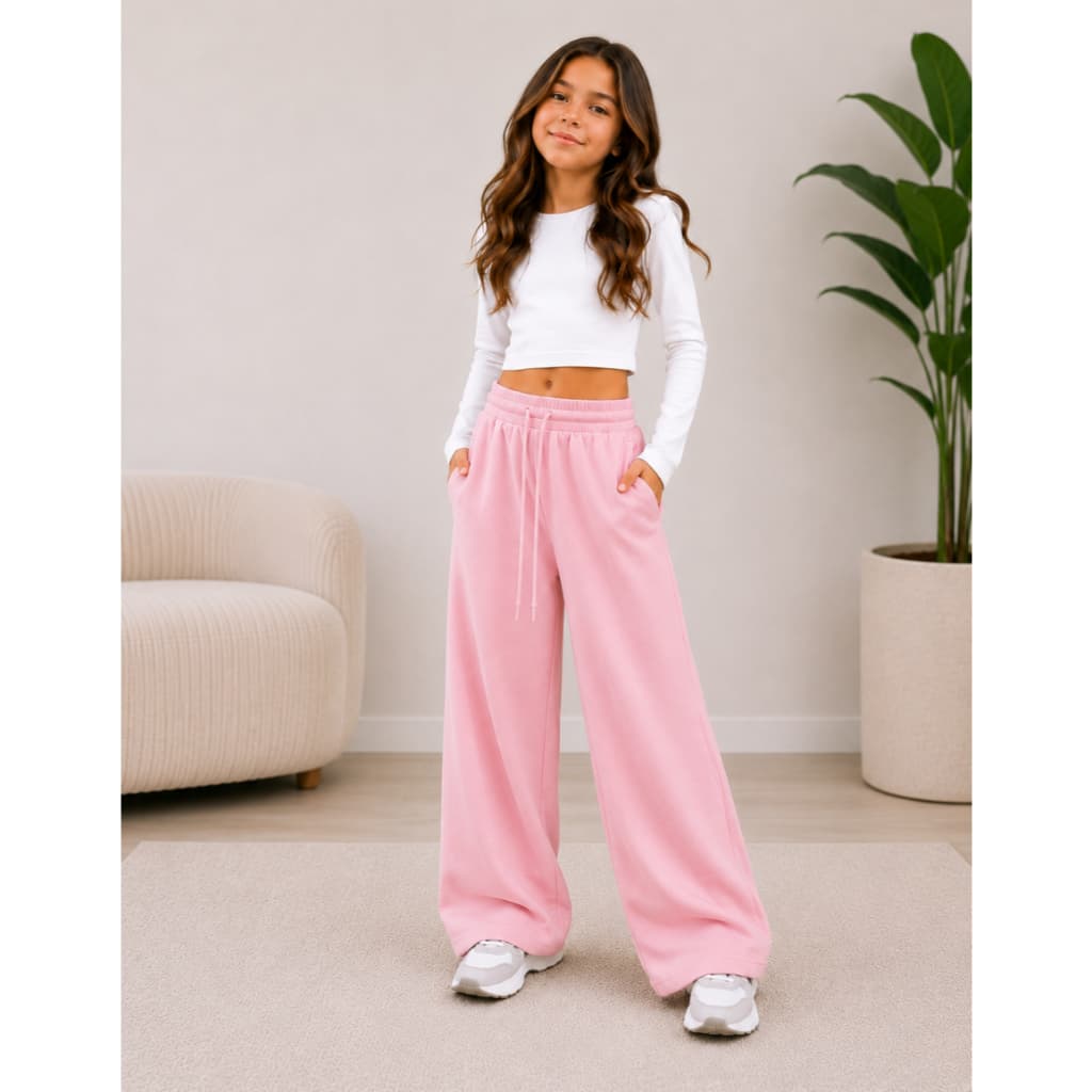 Calça Infantil Moletom Com Bolso Feminina Wide Leg Peluciada Com Bolso Casual Algodão e Cós Elástico