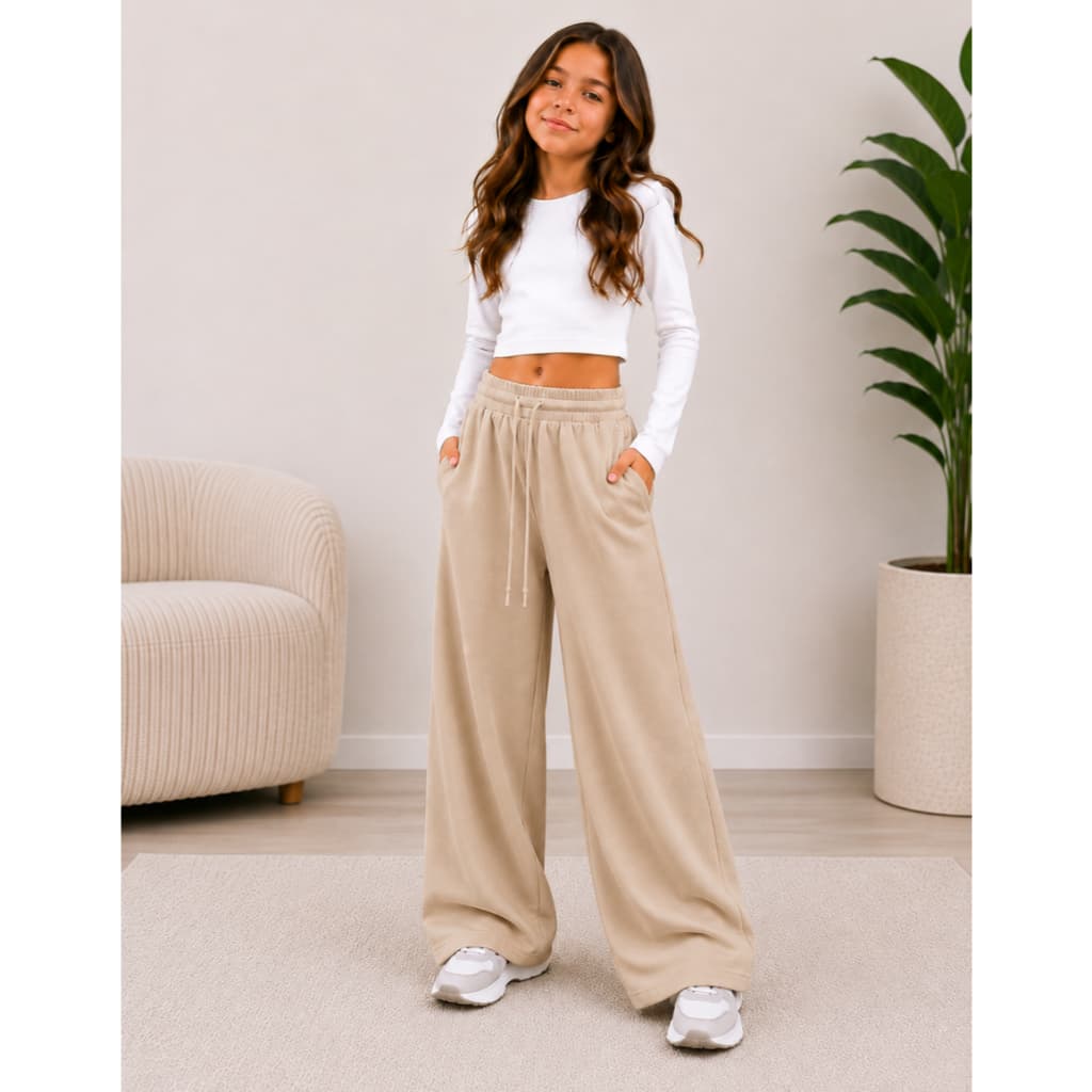 Calça Moletom Infantil Feminina Wide Leg Flanelada Com Bolso Cós Elástico Casual Moda Inverno