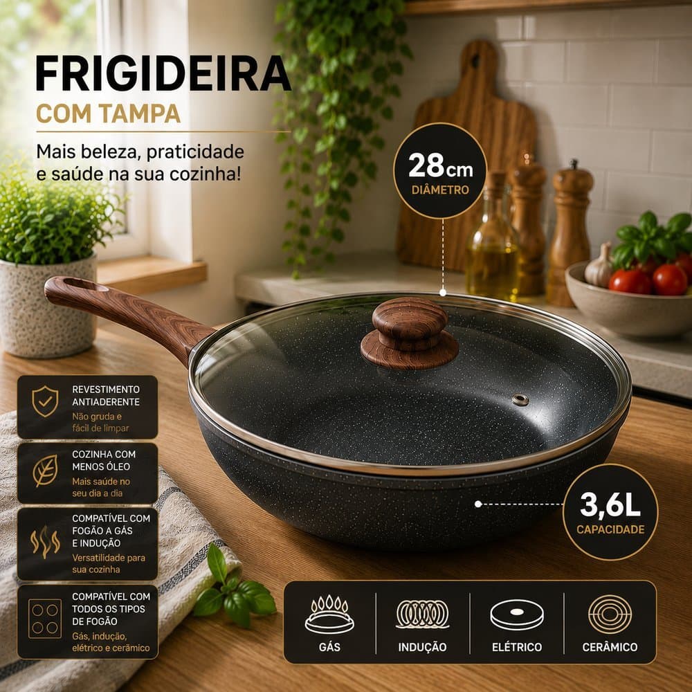 Frigideira Lehavi Antiaderente com Tampa Revestida Nanocerâmico 28cm- Preta Granito Ou  Preta