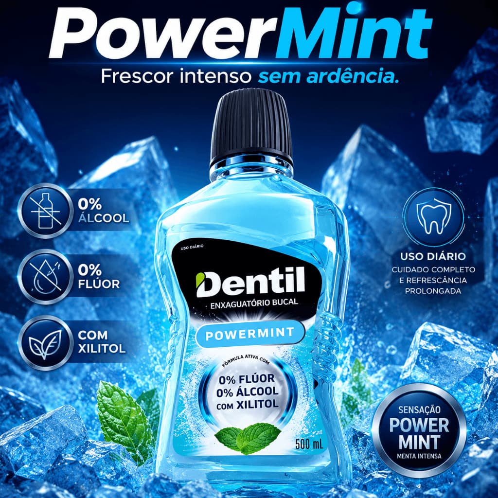 Dentil PowerMint 500ml Enxaguante Bucal Sem Álcool Sem Flúor Com Xilitol Hálito Fresco Diário