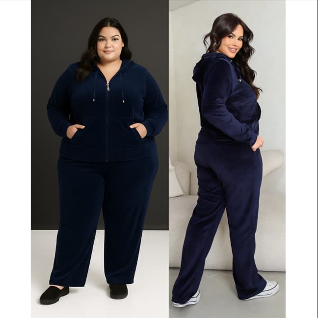 Conjunto Plus Size 54 e 56 em Tecido Plush com Bolsos Laterais e Capuz Conjunto de Inverno Feminino