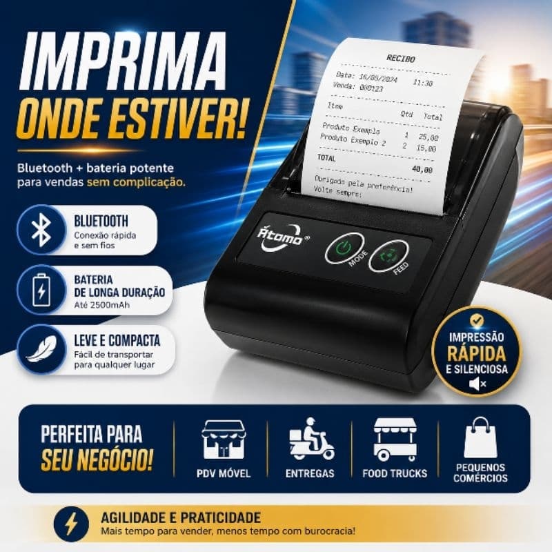Impressora Térmica Portátil Bluetooth 48mm MO-5812 Recibos PDV Android iOS Windows