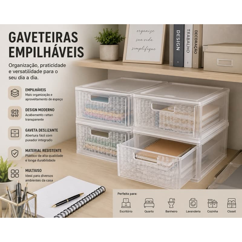 Kit 4 Gaveteiros Empilhável Modular  Rattan Transparente 254 Nitron