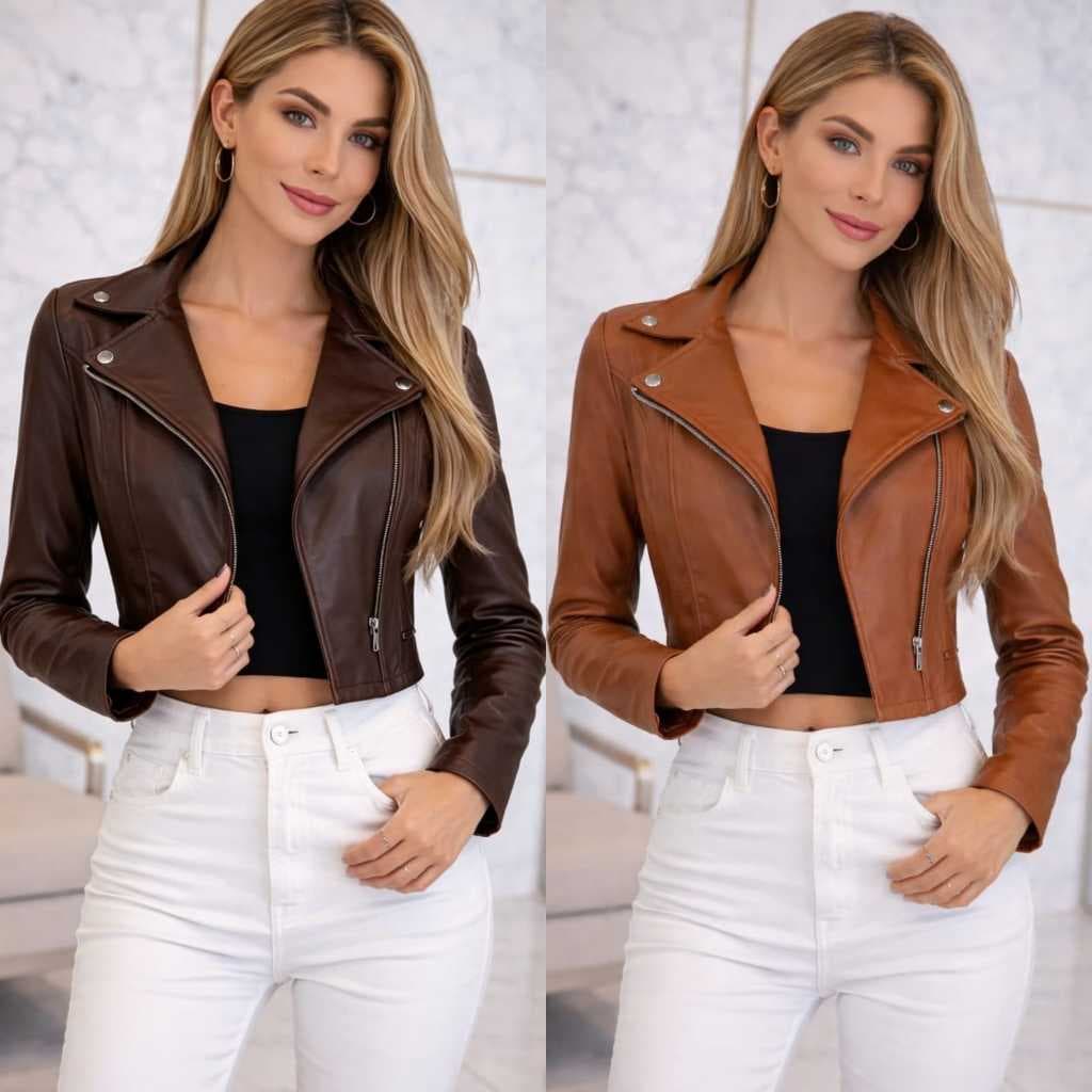 Jaqueta Luxo Feminina De Couro Com Zíper Com Bolsos Decorativos Elegante