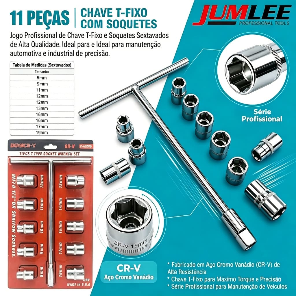 Conjunto Chave em T Aço CrV com 10 Soquetes, Ferramenta de Reparo Automotivo para Troca de Pneus e Mecânica