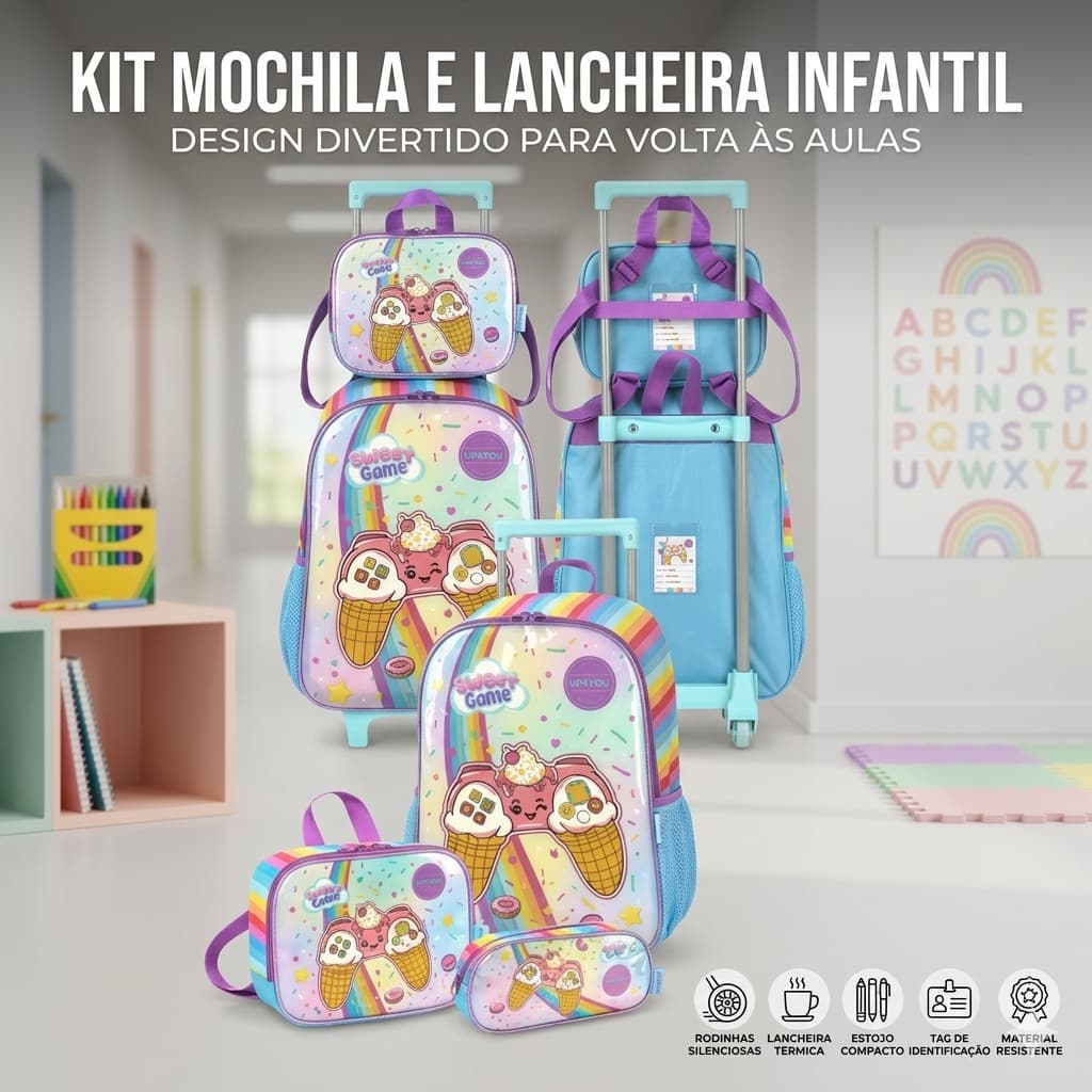 Kit Mochila Com Rodinhas Luxcel Infantil Lancheira Térmica Estojo Escolar Azul Resistente Original