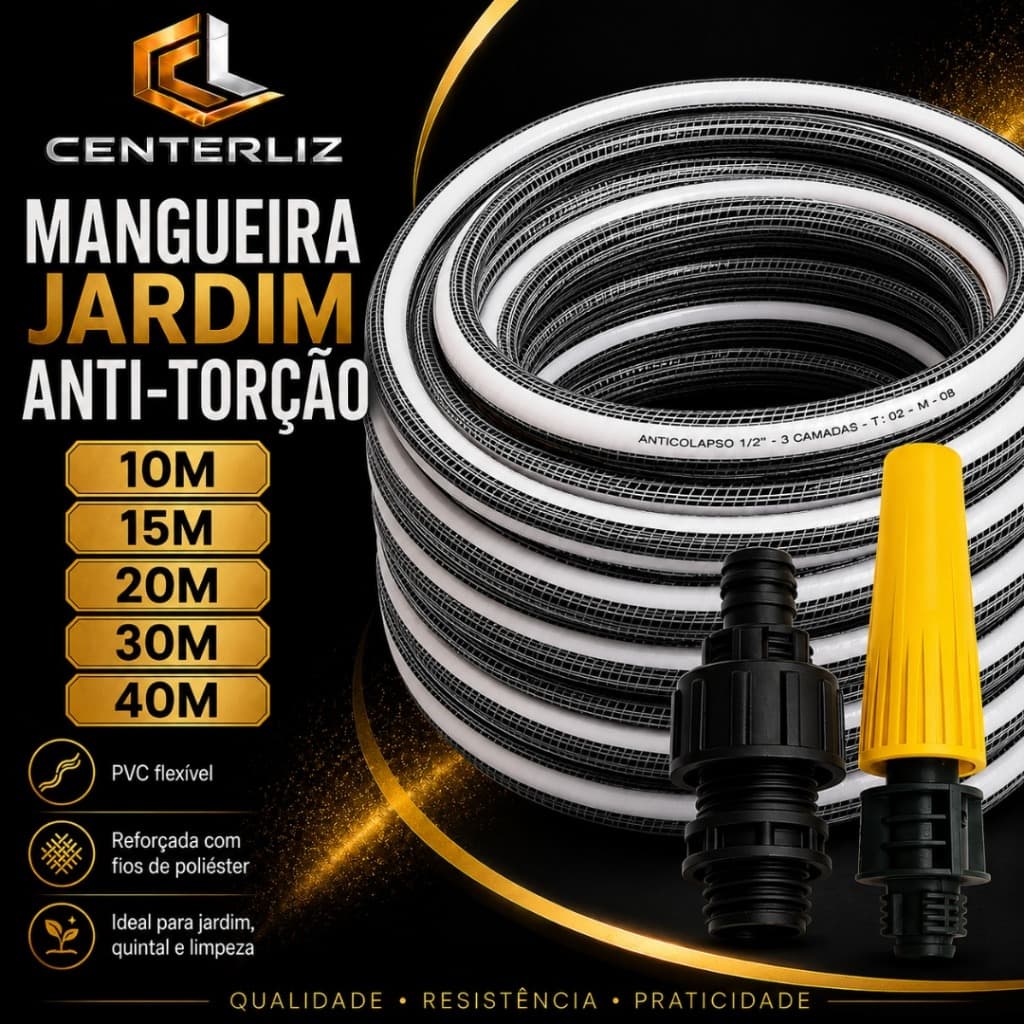 Mangueira Multiuso Antitorção Preto Cristal para Jardim e Uso Doméstico 10m 15m 20m 30m 40m