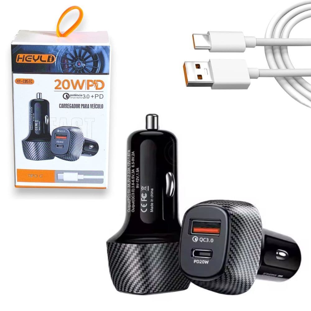 Carregador Veicular  Original Turbo 20W PD USB Tipo C Carro Carga Rápida QC3.0 Universal