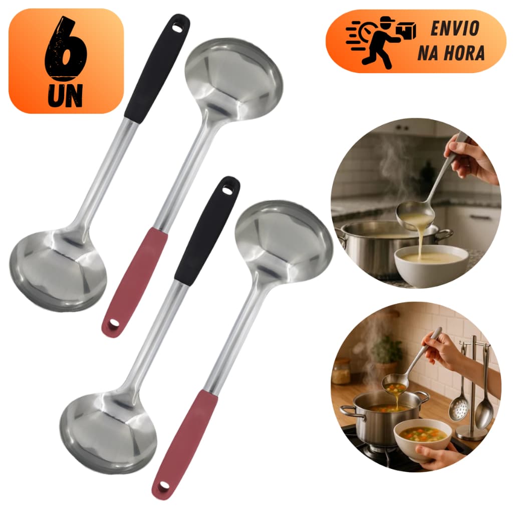 KIT CONCHA DE FEIJÃO INOX 30CM PREMIUM COM CABO PARA COZINHA E BUFFET SOPAS CALDOS MOLHOS