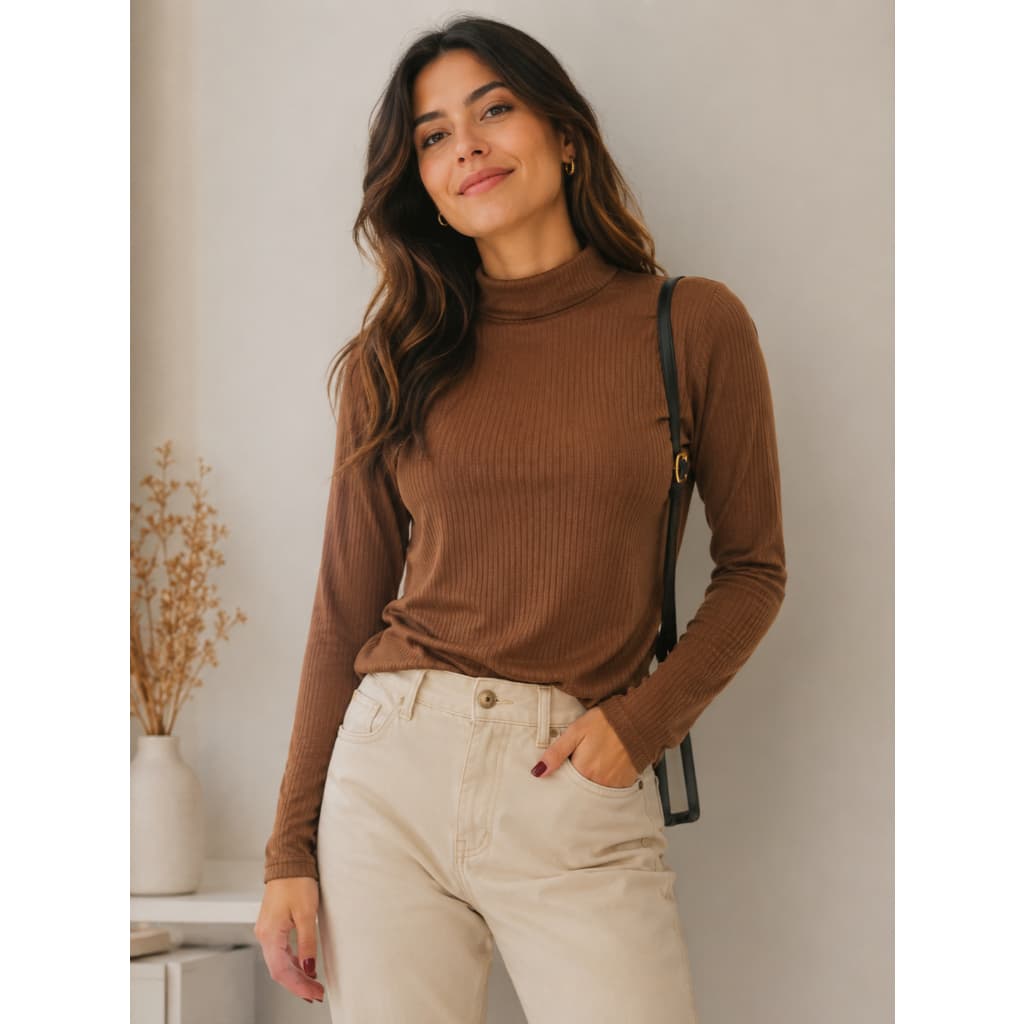 Blusa Cacharrel Feminina Canelada Gola Alta Manga Longa Elegante
