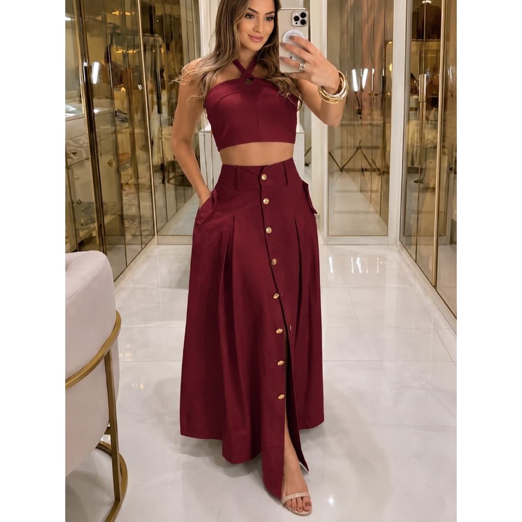 Conjunto Feminino Top Curto com Gola Cruzada Saia Longa com Botões Frontais