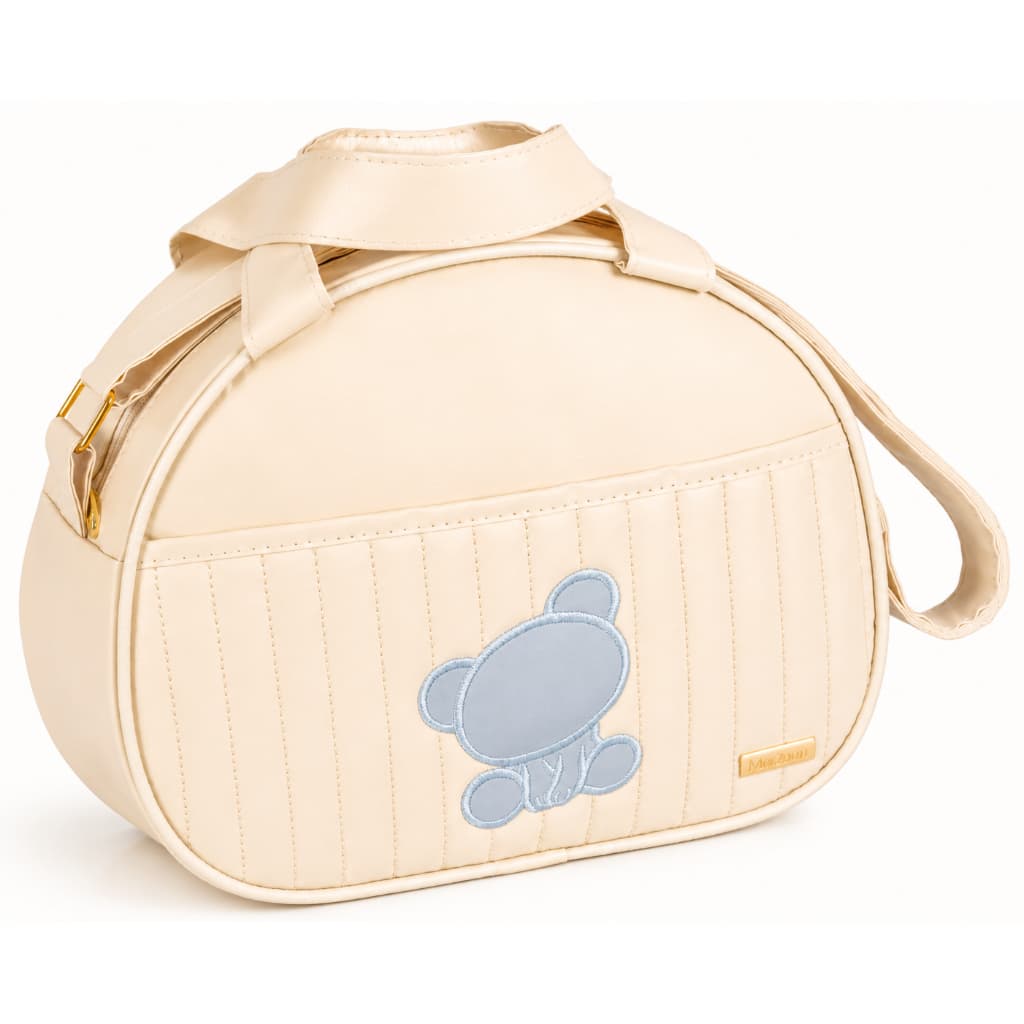 Bolsa Maternidade pequena Bege c/ Urso Bordado Azul Bebê