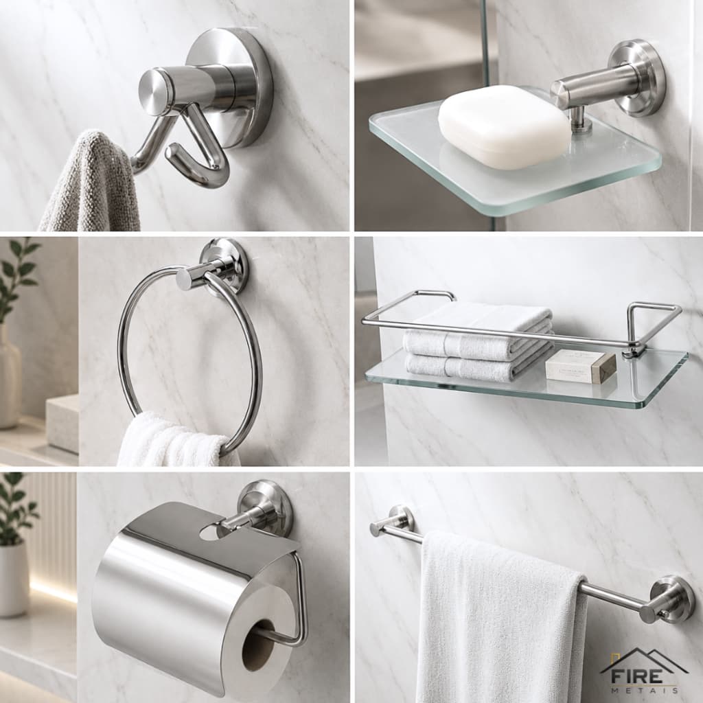 Kit Acessórios Para Banheiro 6 Peças Porta Shampoo Reto Vidro Organizador Moderno Resistente Cromado