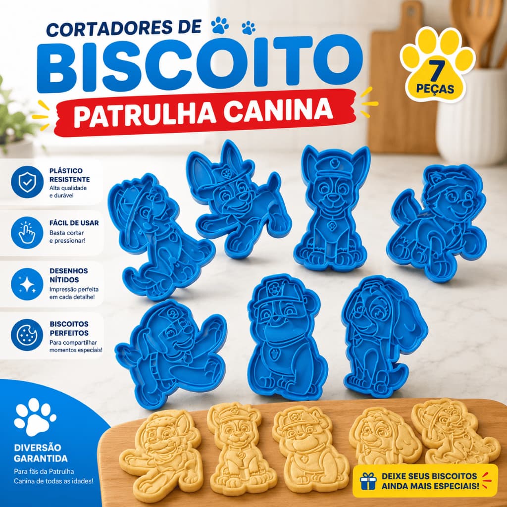 Kit 7 Moldes Cortadores de Biscoito Patrulha Canina |  Moldes para Cookies Decorados Infantil