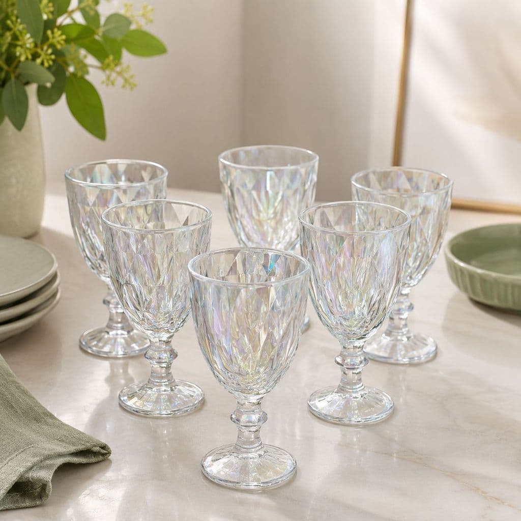 Jogo 6 Taças Vidro 330ml Furtacor Platinado Milbani Mesa Posta Luxo Água Suco Vinho Drinks Diamond