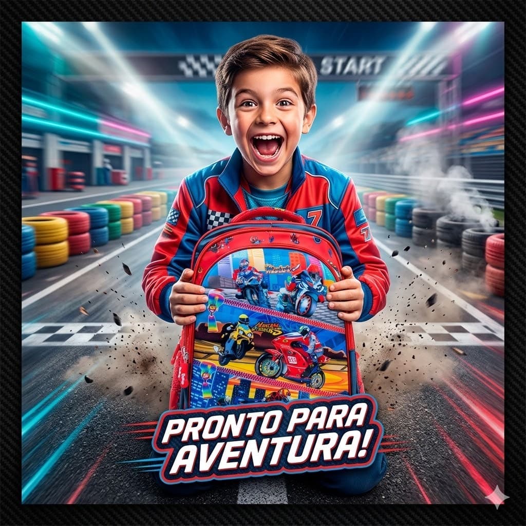 Mochila Infantil Moto Racing Vermelha Escolar Impermeável