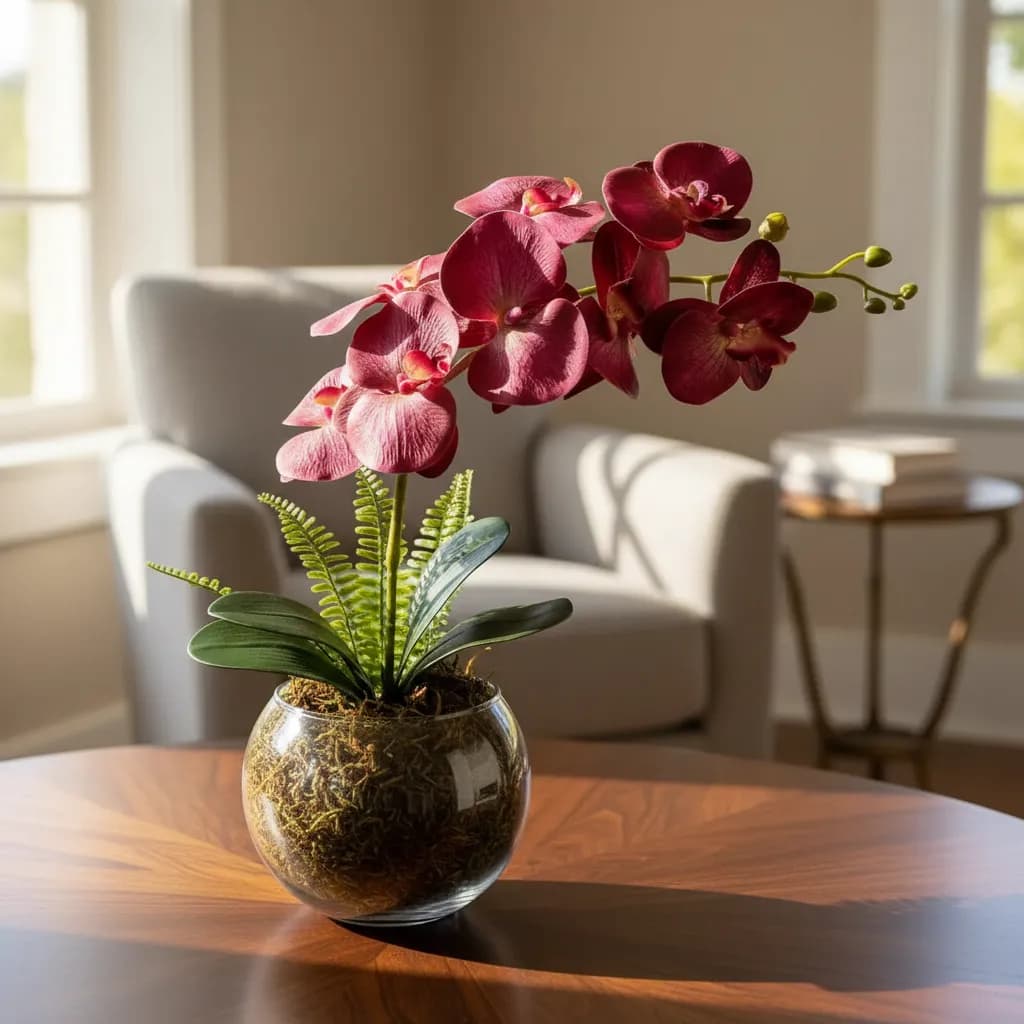 Arranjo De Orquídea Artificial Vermelha No Vaso De Vidro