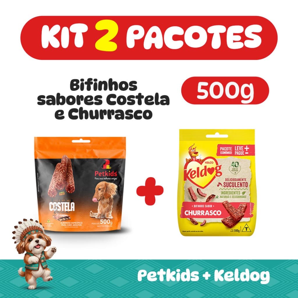 Kit Bifinho Petisco Snack Cão Cachorro Keldog Petkids 500g Sabor Churrasco e Costela