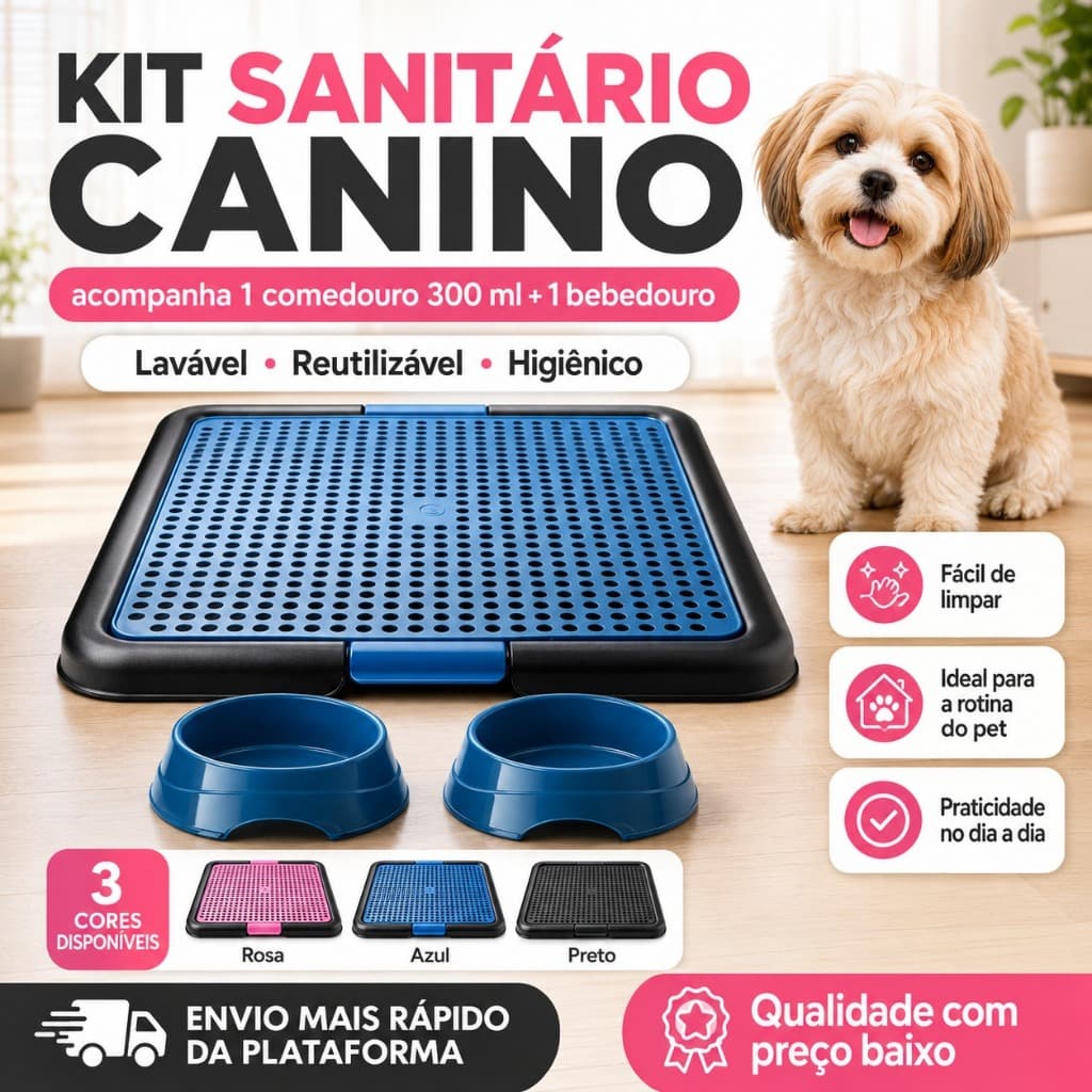 Kit Sanitário Higiênico Pet Grade Removível + 2 Comedouros Bebedouros Cães Porte Pequeno e Médio