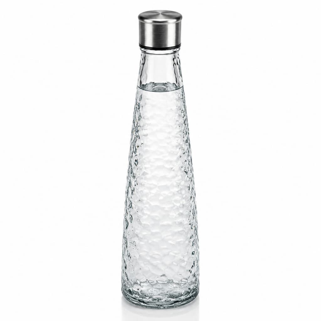 Garrafa de Vidro 750ml com Tampa Inox Texturizada Água Suco Geladeira Decoração Mesa
