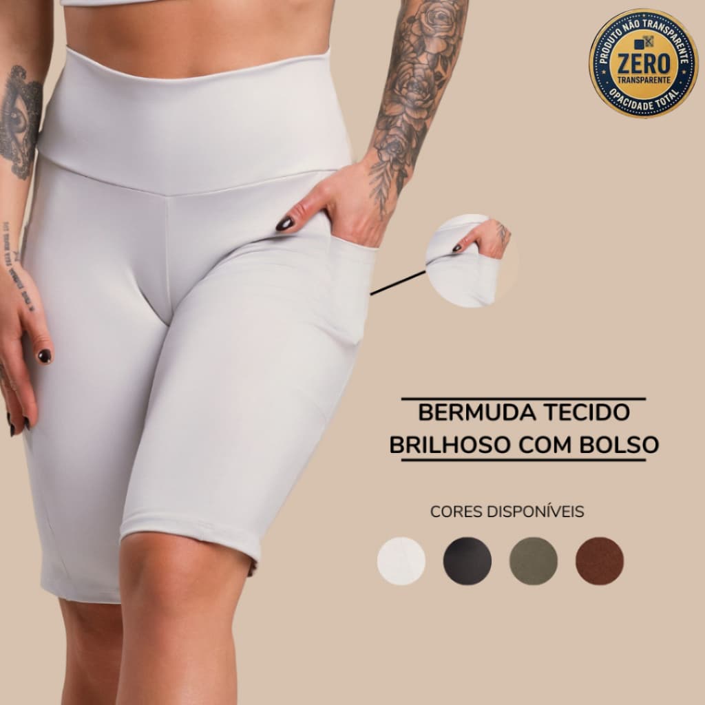 Bermuda Feminina Fitness Cintura Alta Com Bolso Tecido Brilhoso Academia Treino Ciclista ZERO TRANSPARÊNCIA