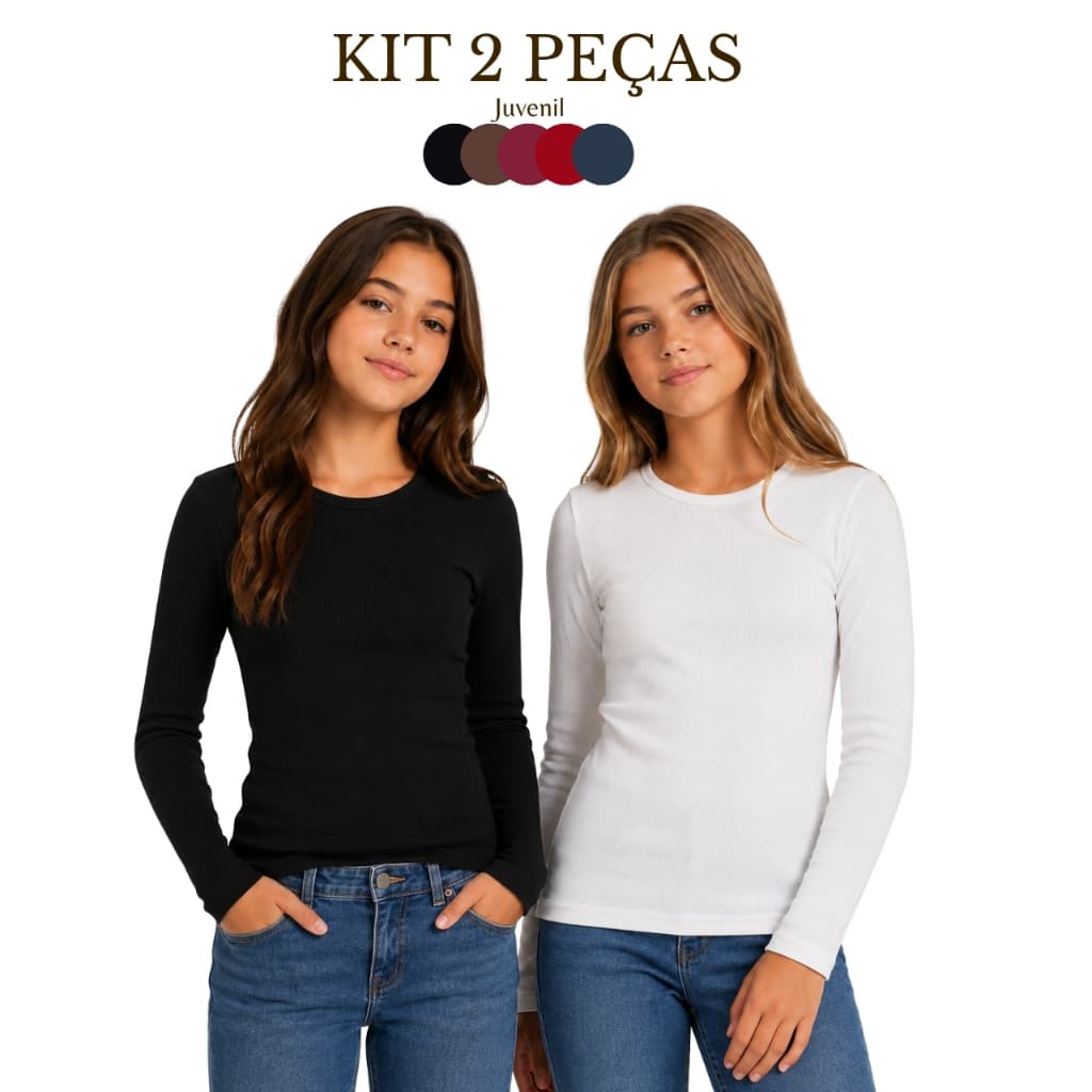 Kit 2 Peças Blusa Manga Longa Gola Redonda Careca Juvenil Menina Inverno Ribana Malha Canelada