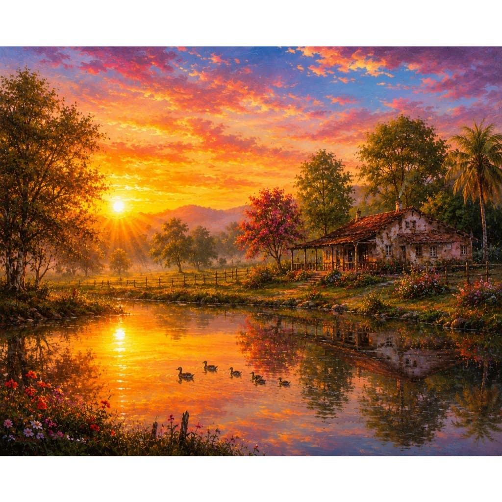 Quadro Decorativo Casa De Campo Ao Entardecer Moderno MDF 60X90cm