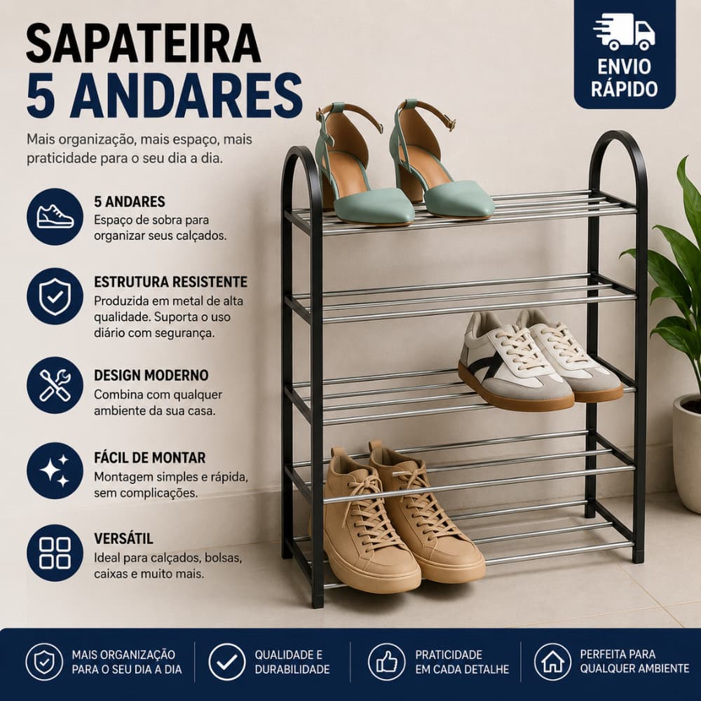 SAPATEIRA PORTA SAPATOS 5 PRATELEIRAS VERTICAL INOX COMPACTA MODERNA