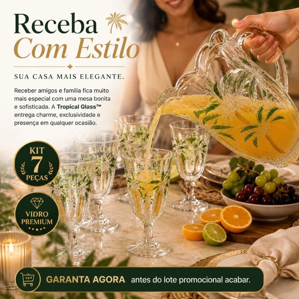 Conjunto 6 Taças com Jarra de Vidro 1,5L Tropical Glass™ Kit Premium para Suco Drinks Água Mesa Posta Elegante