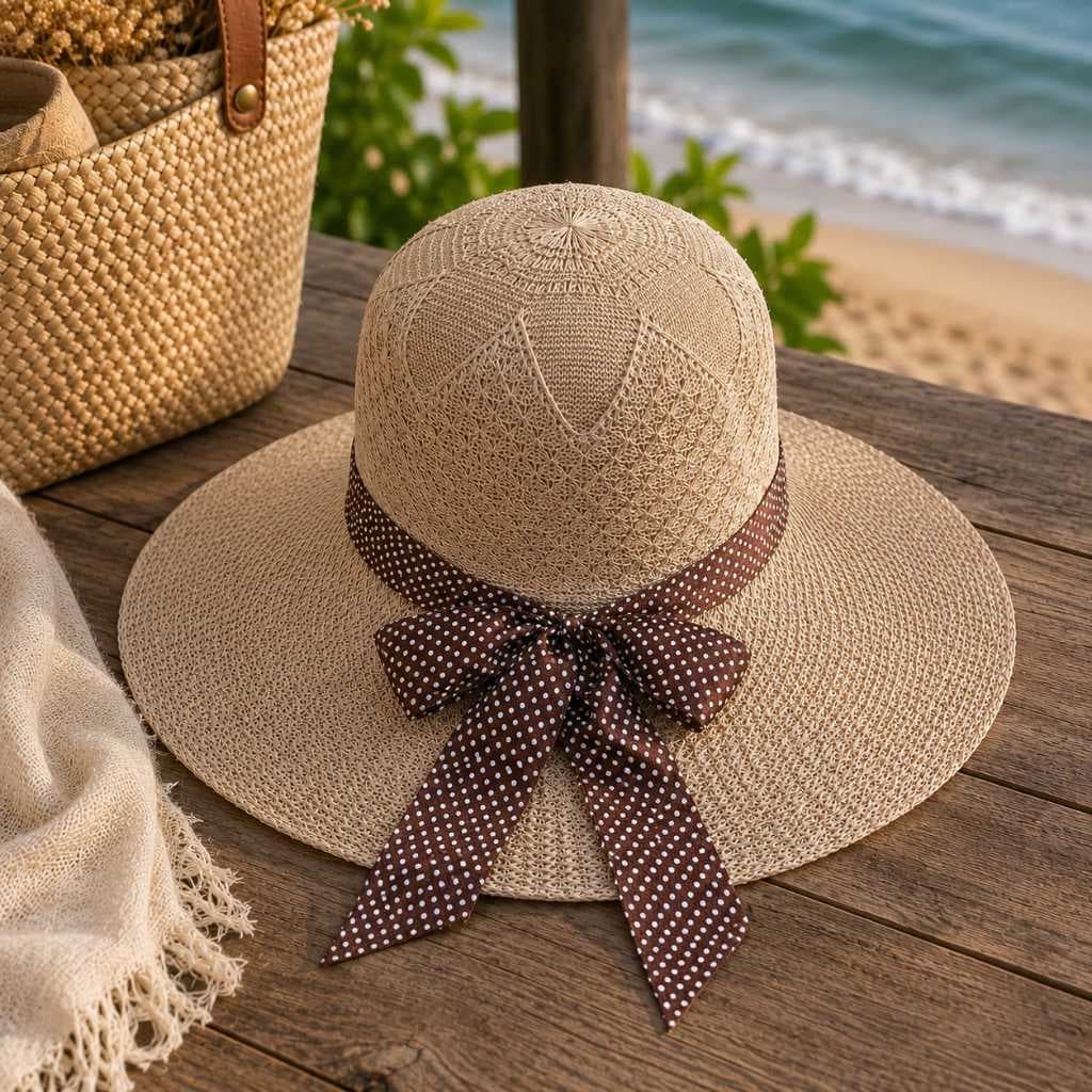 Chapéu Feminino Luxo Palha Premium Proteção Solar Com Cinto  e com laço Bege e Marrom Moda Verão Praia.