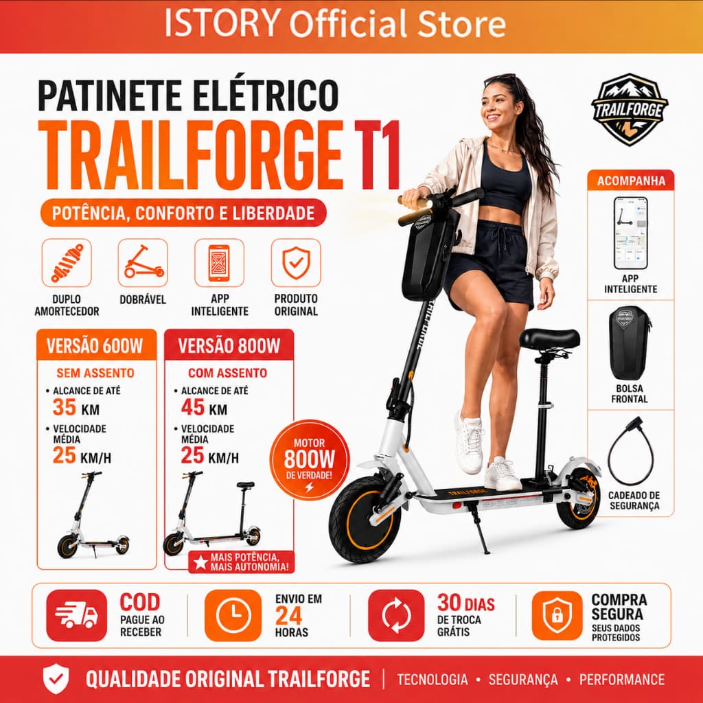 Patinete Elétrico Trailforge T1 10 Polegadas 800W Longa Autonomia 45km Conexão Bluetooth