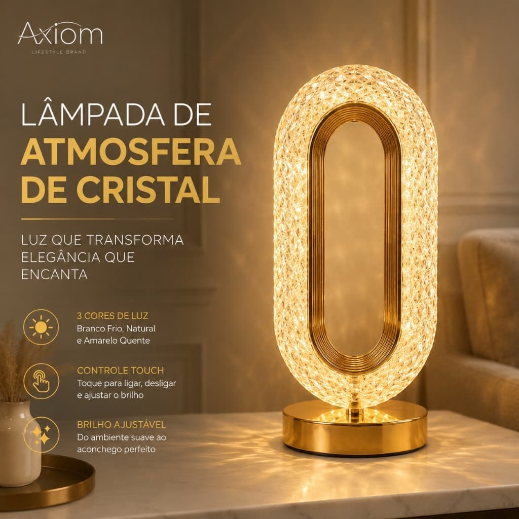 Abajur De Cristal LED Axiom Recarregável Sem Fio Touch 3 Cores Bivolt Luxo Sala Quarto