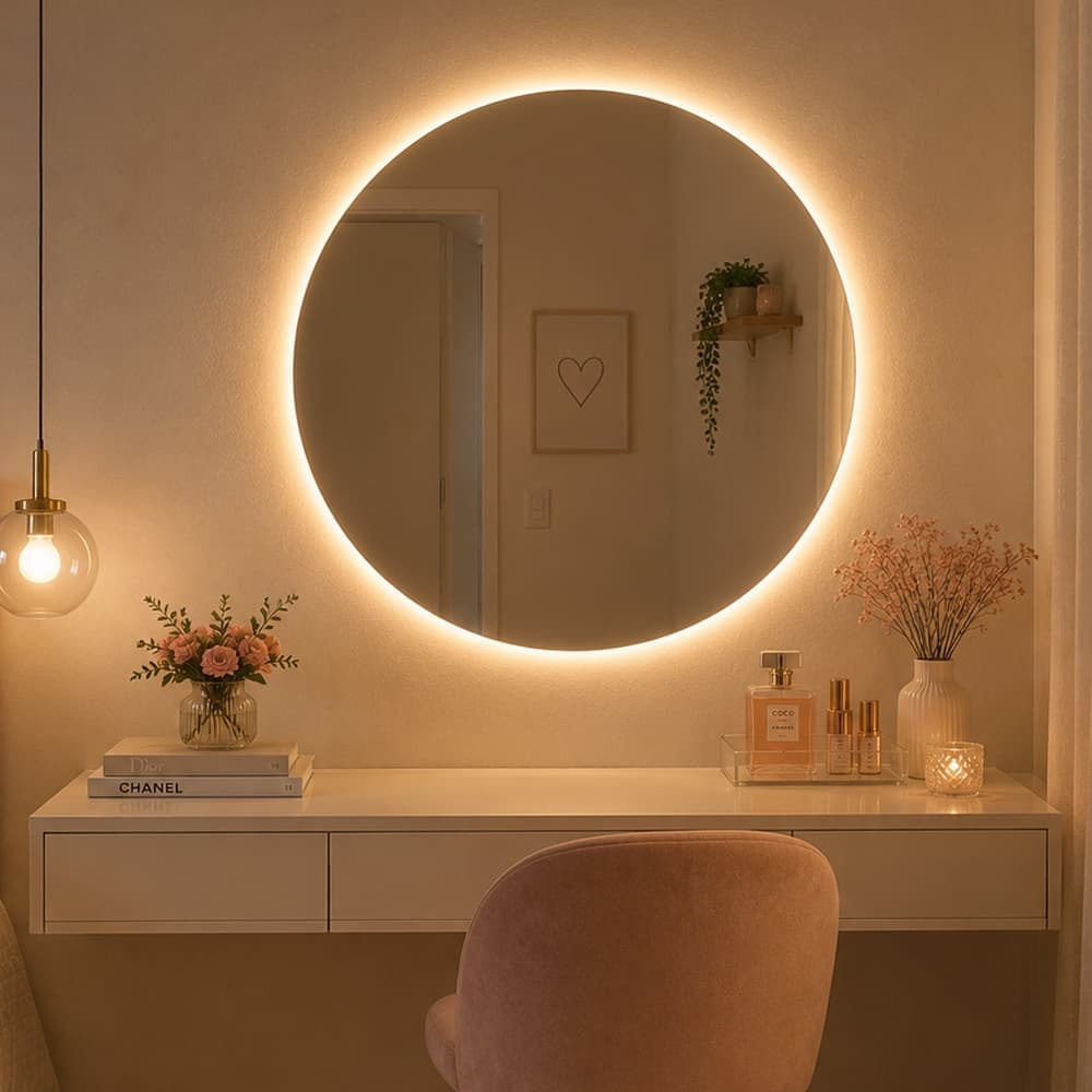 Espelho com LED Retroiluminado Redondo Lapidado Para Maquiagem Varias Medidas Com Kit de instalação