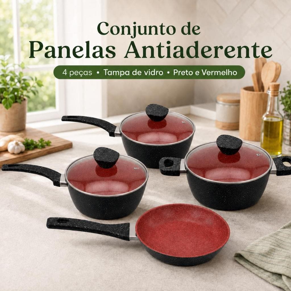 Conjunto Panelas Antiaderente 4 Peças Tampa Vidro Indução Elétrico Gás Alumínio Não Gruda