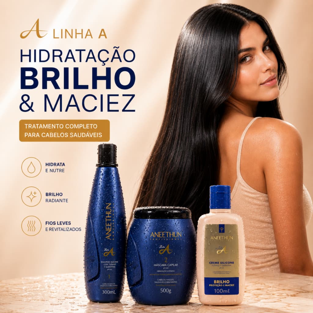 Kit Aneethun Linha A Shampoo Máscara Creme Silicone 100ml Recuperação dos Fios Nutrição e Hidratação 3P